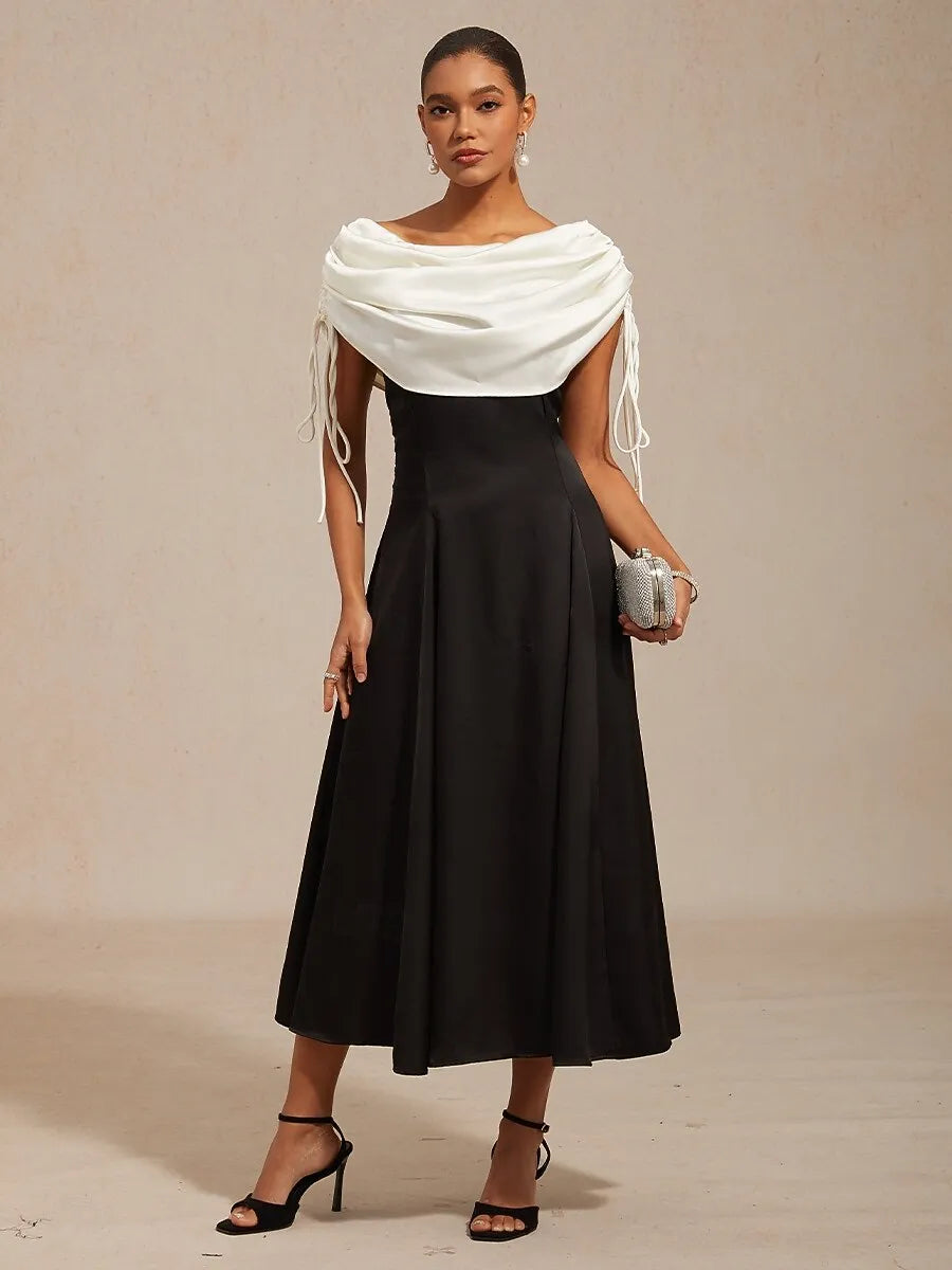 Chic A-Line Off-Shoulder Sleeveless Draped Black White Midi Prom Dress for Women Ready to Ship
