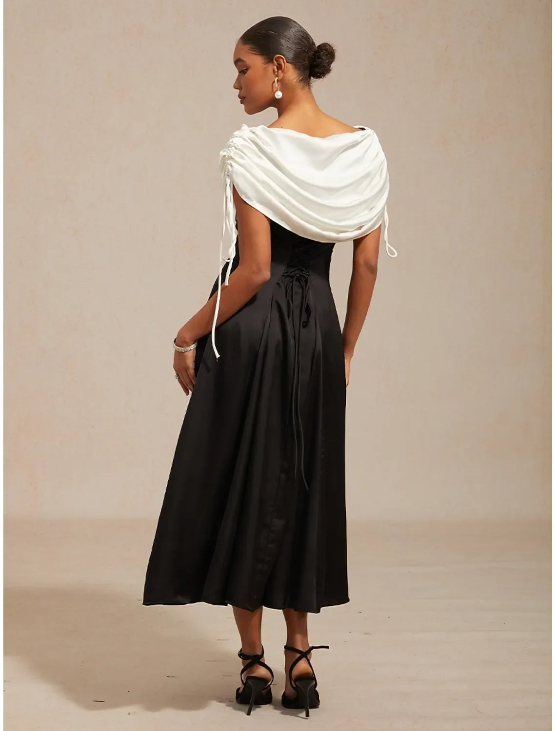 Chic A-Line Off-Shoulder Sleeveless Draped Black White Midi Prom Dress for Women Ready to Ship