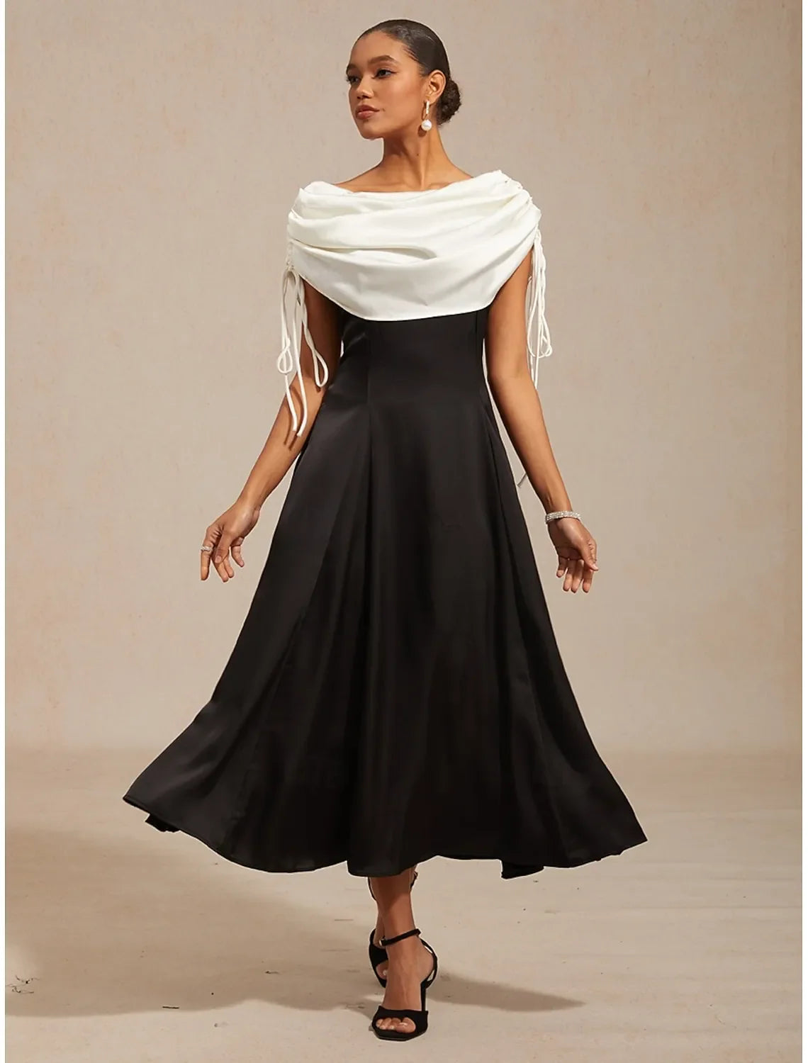 Chic A-Line Off-Shoulder Sleeveless Draped Black White Midi Prom Dress for Women Ready to Ship