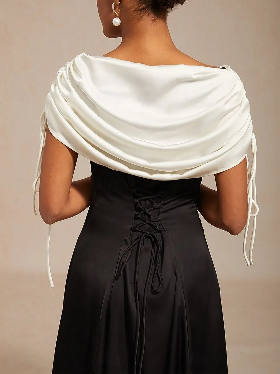 Chic A-Line Off-Shoulder Sleeveless Draped Black White Midi Prom Dress for Women Ready to Ship