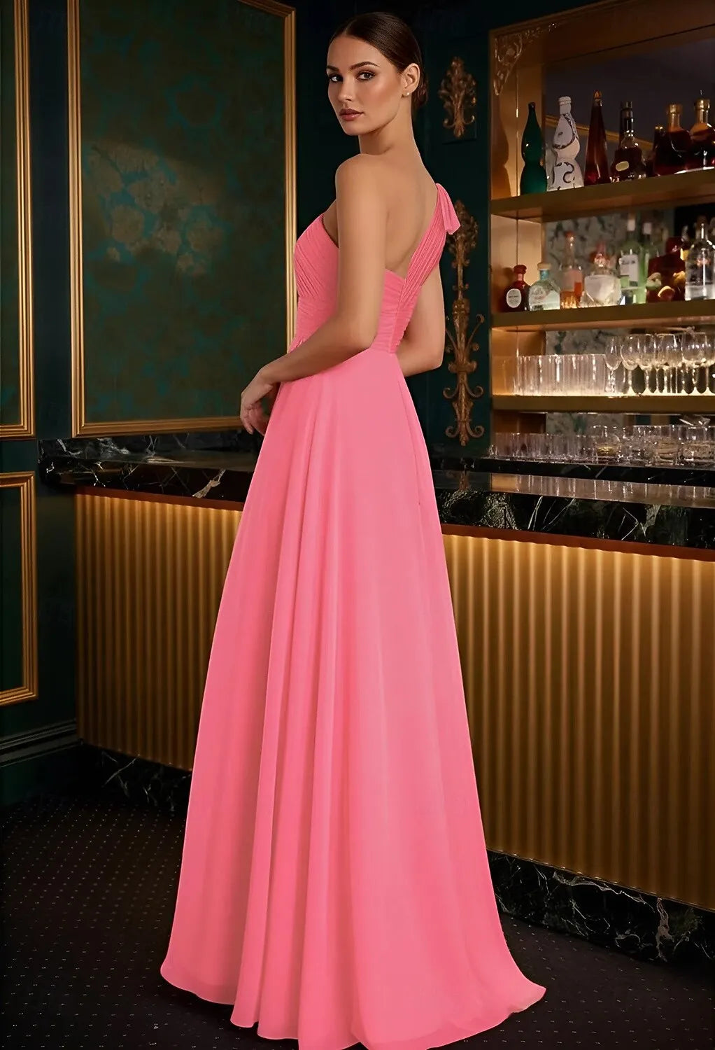 Chic A-Line One-Shoulder Bow Coral Slit Floor Length Prom Dress Hot Sale
