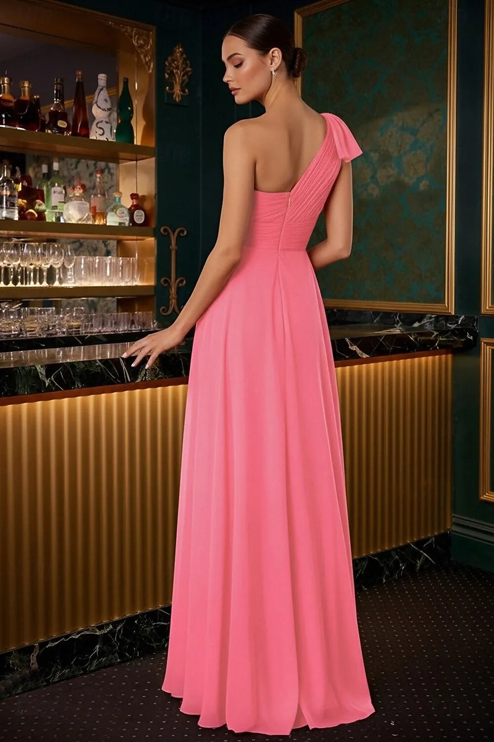 Chic A-Line One-Shoulder Bow Coral Slit Floor Length Prom Dress Hot Sale