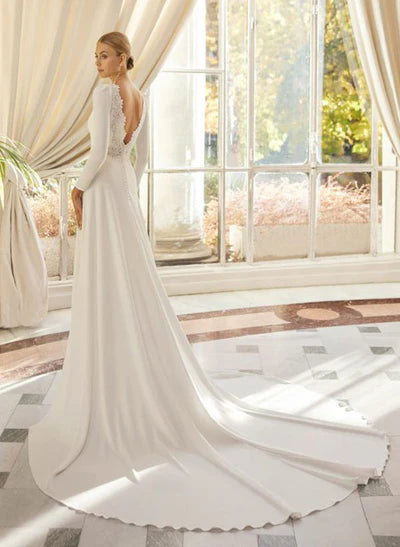 Chic A-line Scoop Neck Long Sleeves Court Train Elastic Satin Wedding Dresses Lace