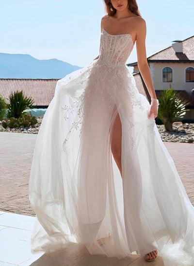 Chic A-line Strapless Sleeveless Court Train Tulle Wedding Dresses Front Split