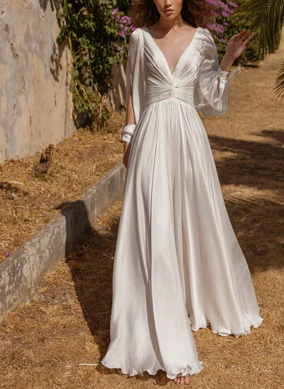 Chic A-line V-Neck Long Sleeves Floor-Length Wedding Dress in Silk Like Satin