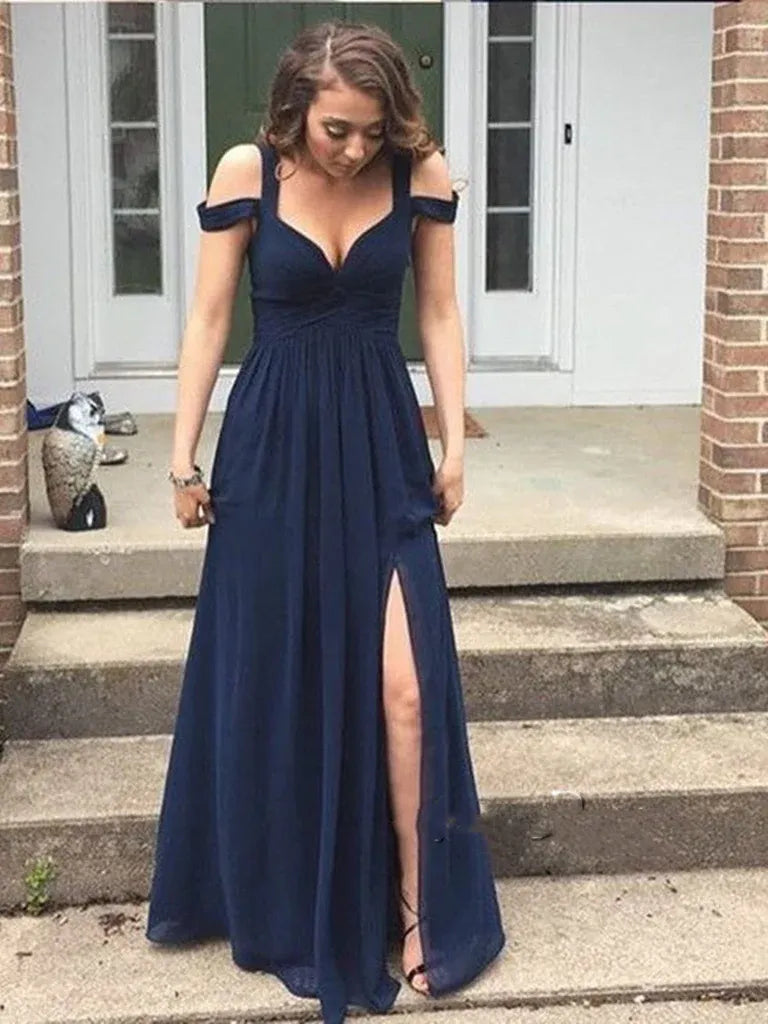 Chic A Line Off Shoulder Ruched Chiffon Navy Blue Floor Length Prom Dress