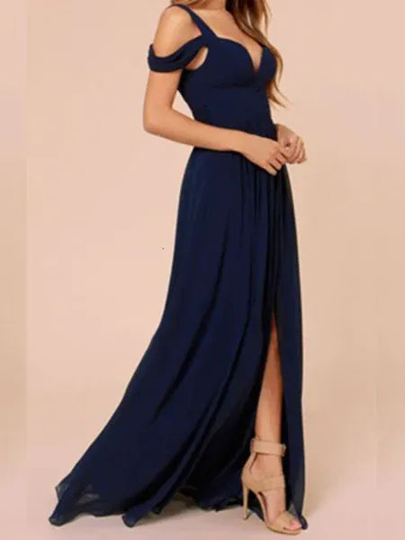 Chic A Line Off Shoulder Ruched Chiffon Navy Blue Floor Length Prom Dress