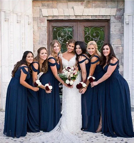 Chic A Line Off Shoulder Ruched Chiffon Navy Blue Floor Length Prom Dress