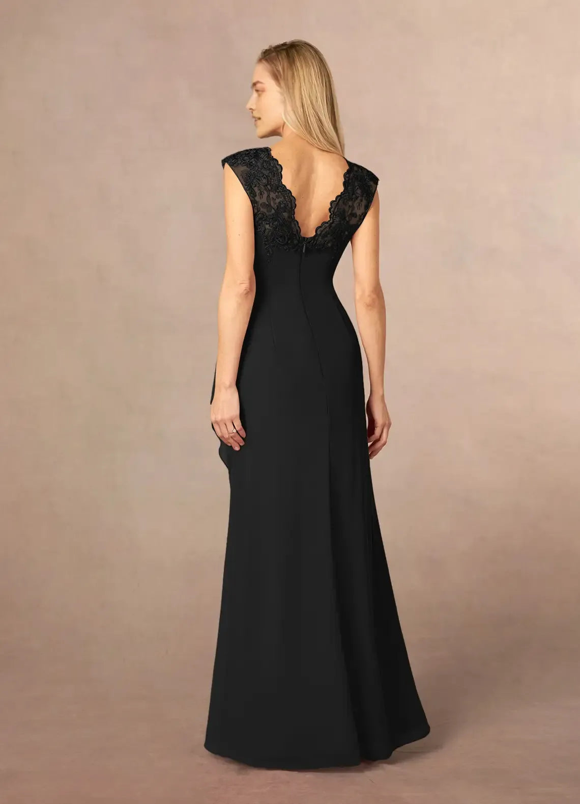 Chic Black A-Line Queen Anne Lace Chiffon Mother of the Bride Dresses Sheer Cap Sleeves Ruched Bodice Asymmetric Draped Skirt Intricate Embroidery