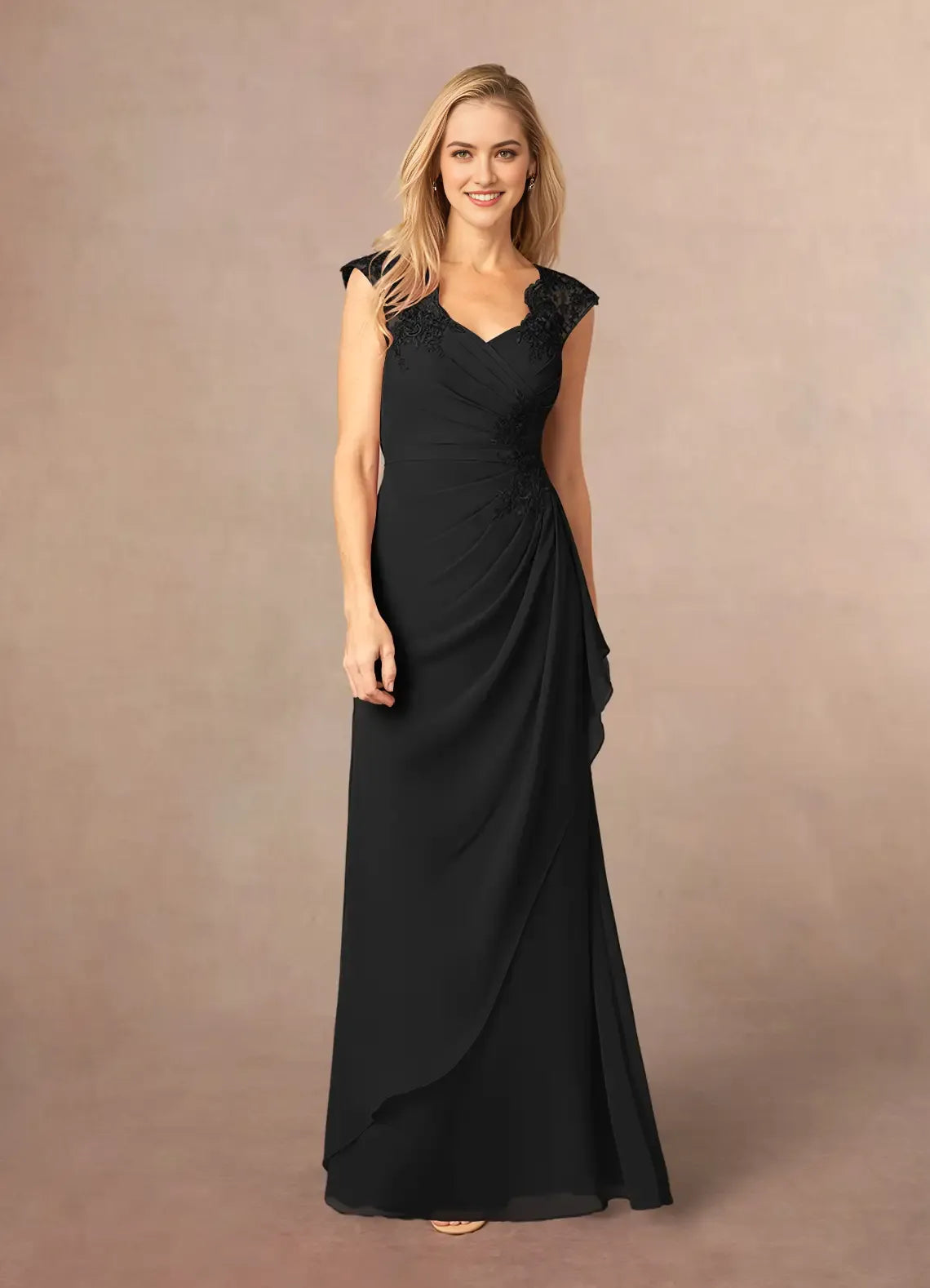 Chic Black A-Line Queen Anne Lace Chiffon Mother of the Bride Dresses Sheer Cap Sleeves Ruched Bodice Asymmetric Draped Skirt Intricate Embroidery