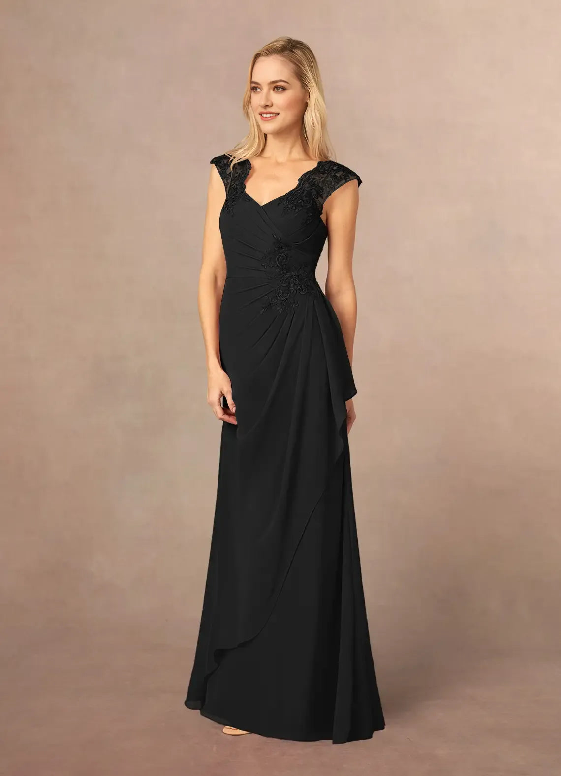 Chic Black A-Line Queen Anne Lace Chiffon Mother of the Bride Dresses Sheer Cap Sleeves Ruched Bodice Asymmetric Draped Skirt Intricate Embroidery