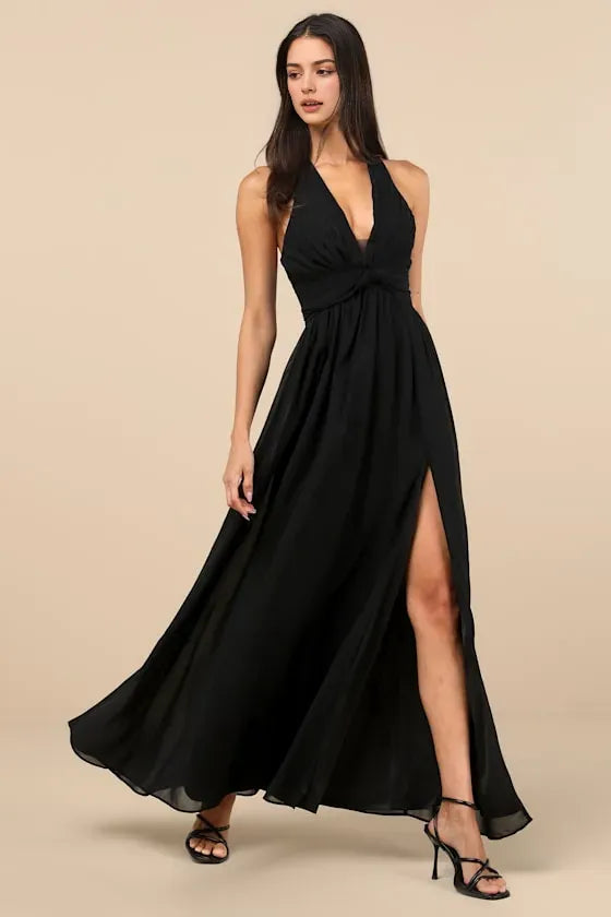 Chic Black Chiffon Evening Dresses with Halter Neck Twist - Front Design and High Leg Slit  A Showstopper for Formal Occasions