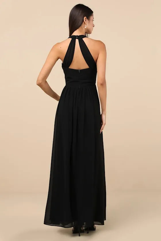 Chic Black Chiffon Evening Dresses with Halter Neck Twist - Front Design and High Leg Slit  A Showstopper for Formal Occasions
