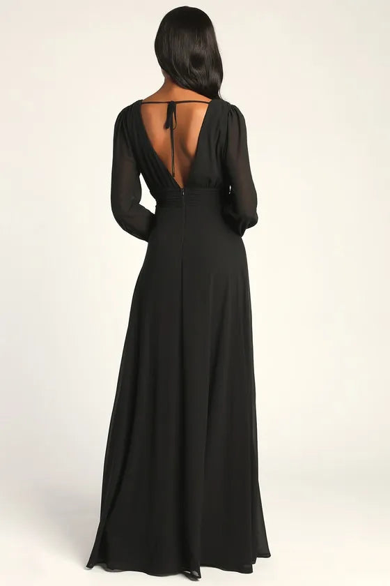 Chic Black Chiffon Prom Dress Deep V - Neckline Sheer Long Sleeves Waist Cinching Detail and High Thigh Side Slit for a Stunning Look