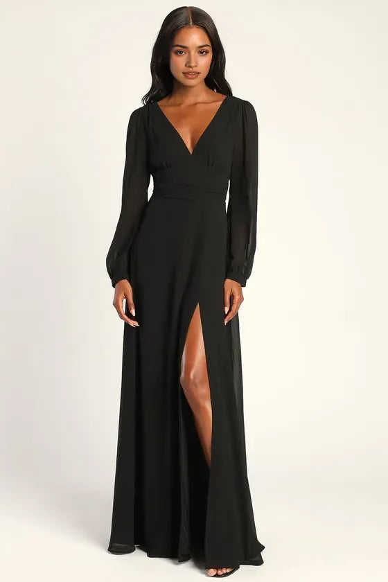 Chic Black Chiffon Prom Dress Deep V - Neckline Sheer Long Sleeves Waist Cinching Detail and High Thigh Side Slit for a Stunning Look