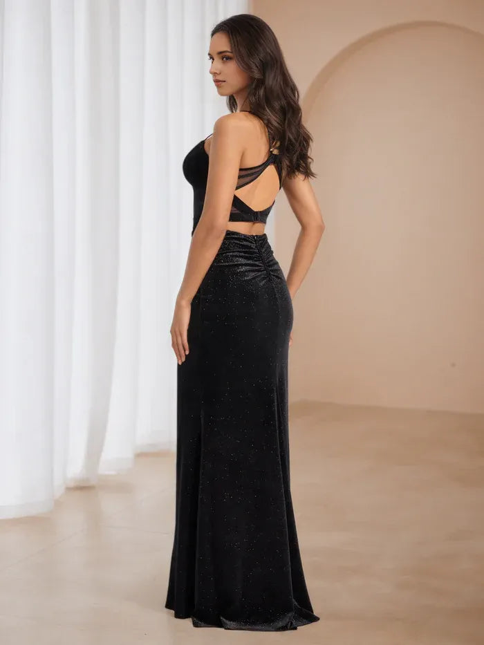 Chic Black Glitter Velvet Prom Dress Plunge Neckline Spaghetti Straps  Luxe Texture for Glamorous Galas