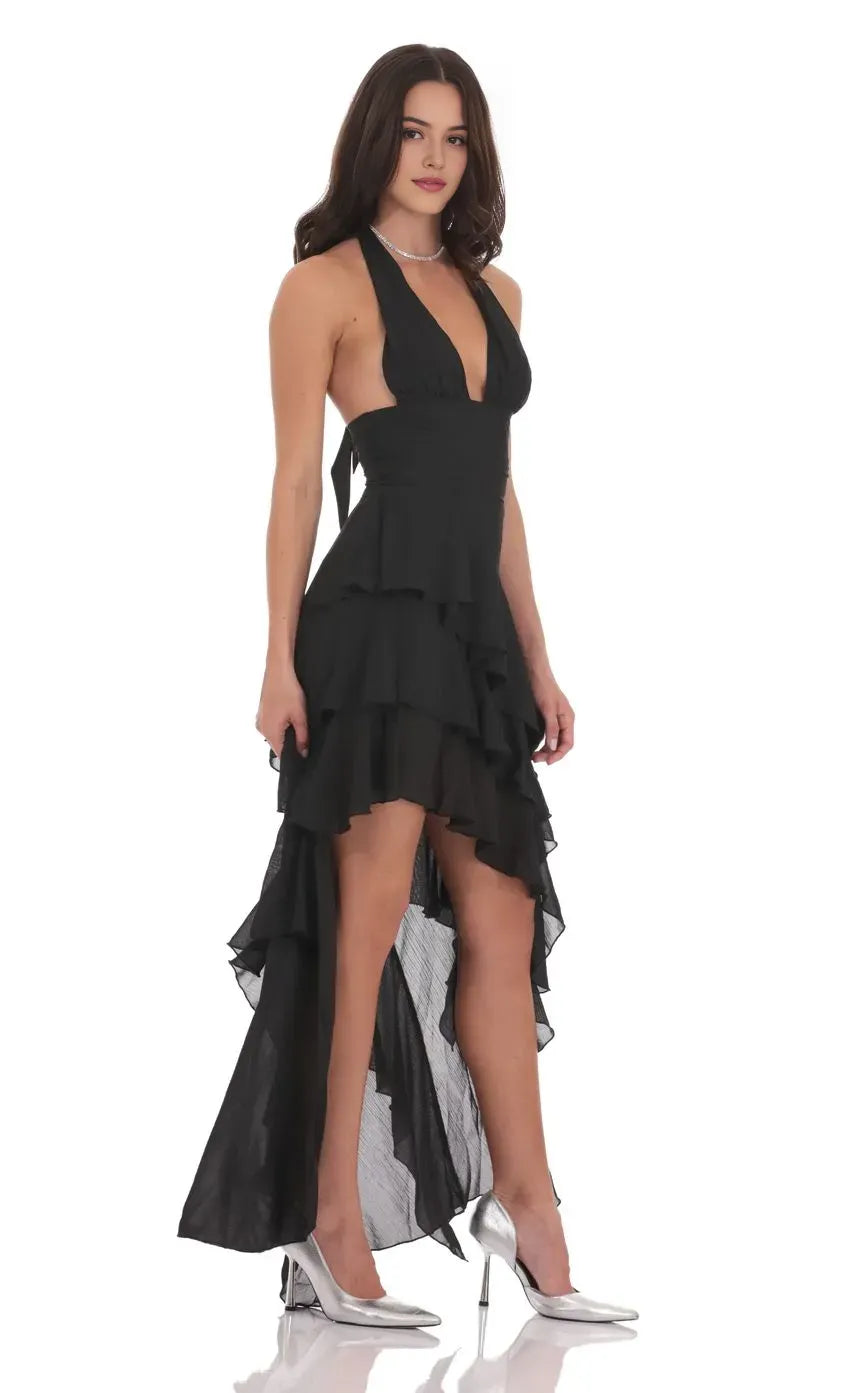 Chic Black Halter Neck Prom Dress with Deep V - Neck Tiered Ruffle Skirt and High - Low Hem