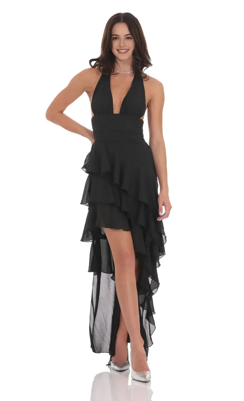 Chic Black Halter Neck Prom Dress with Deep V - Neck Tiered Ruffle Skirt and High - Low Hem
