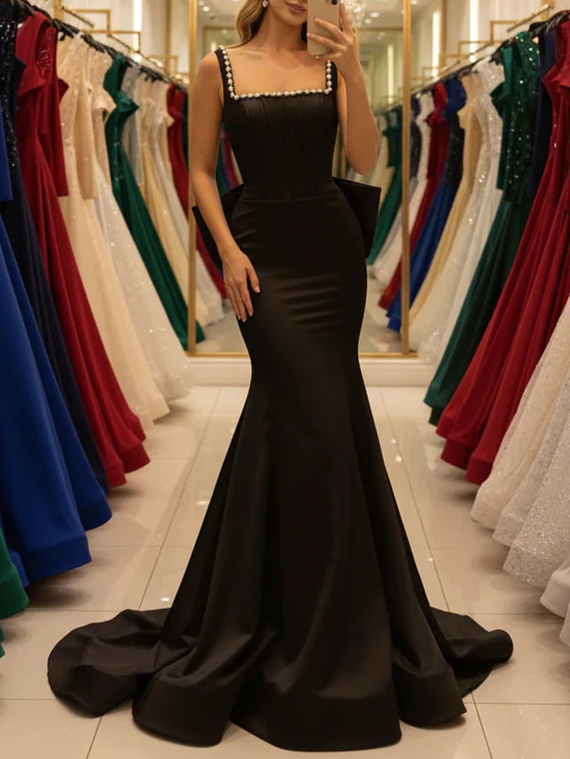 Chic Black Mermaid Square-Neck Sleeveless Lace-Up-Back Beading Floor-Length Prom Dresses Big Bow