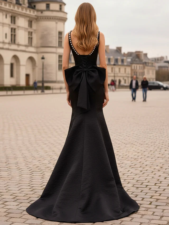 Chic Black Mermaid Square-Neck Sleeveless Lace-Up-Back Beading Floor-Length Prom Dresses Big Bow