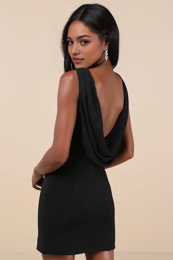 Chic Black Mini Dress with Deep V - Neck Sleeveless Design and Side Slit Ideal for Trendy High - School Homecoming Events