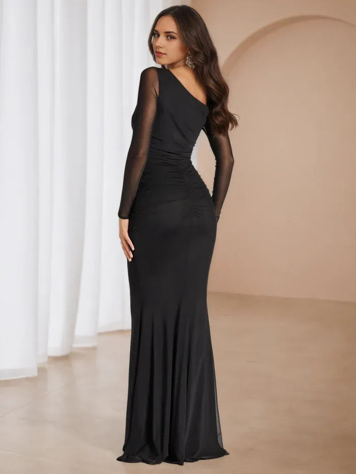 Chic Black One - Shoulder Prom Dress Sheer Sleeve Ruched Design for Memorable