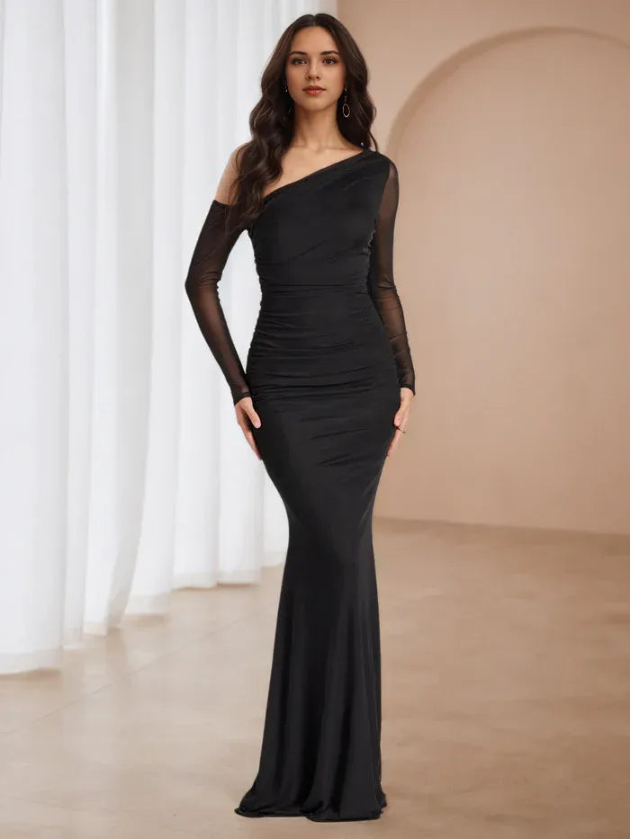 Chic Black One - Shoulder Prom Dress Sheer Sleeve Ruched Design for Memorable