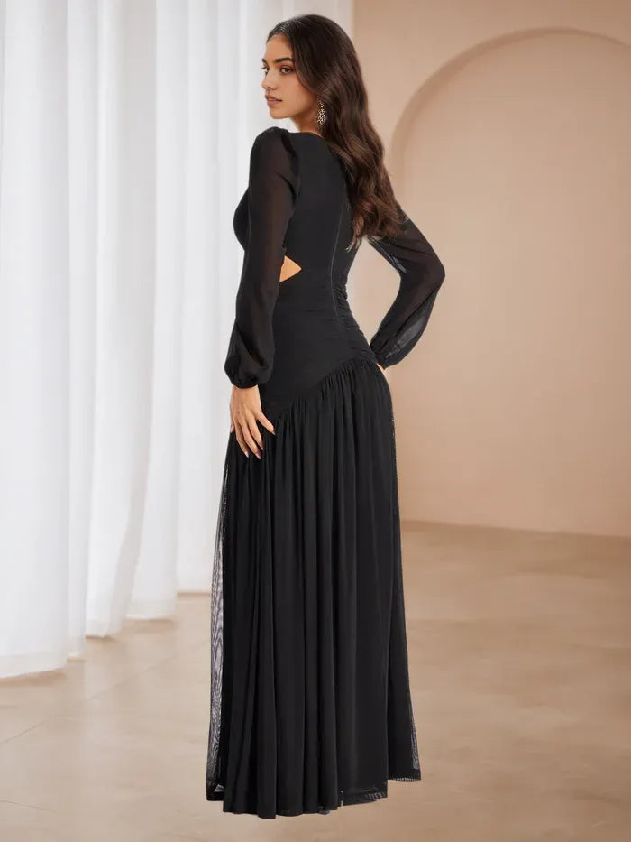 Chic Black Prom Dresses Plunge Neckline Sheer Sleeves Side Cutouts for Elegant Galas
