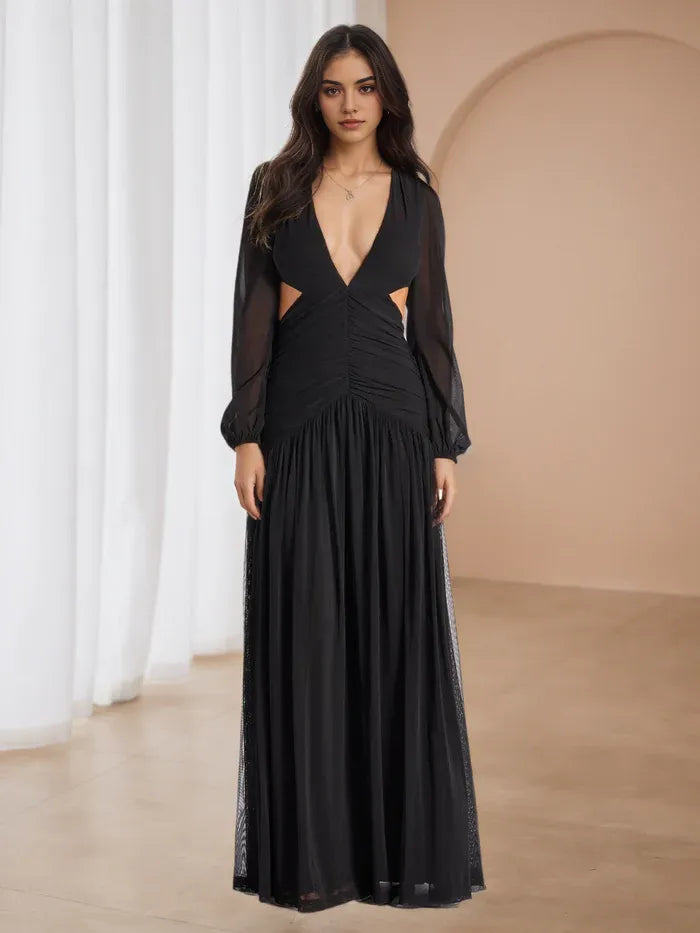 Chic Black Prom Dresses Plunge Neckline Sheer Sleeves Side Cutouts for Elegant Galas
