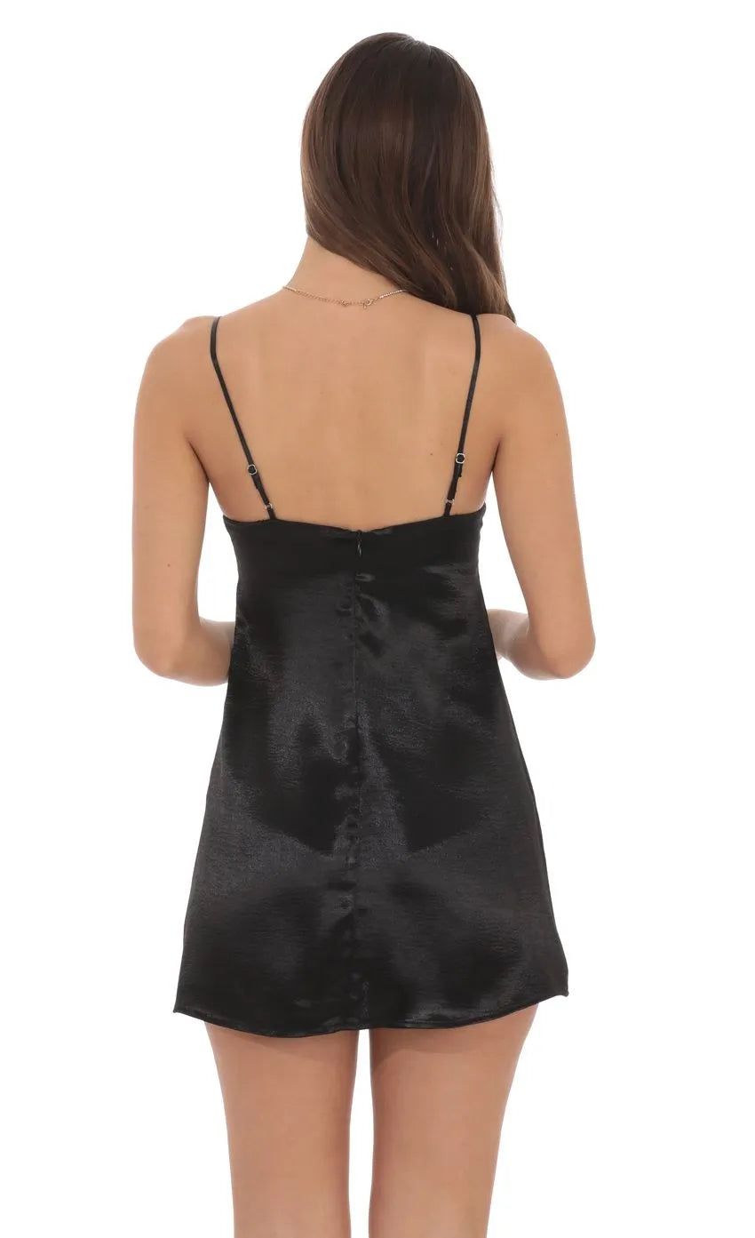 Chic Black Satin Pearl Homecoming Dress Plunging Neckline Satin Fabric Delicate Embellishments  Perfect for Making a Statement at Teen School Dances
