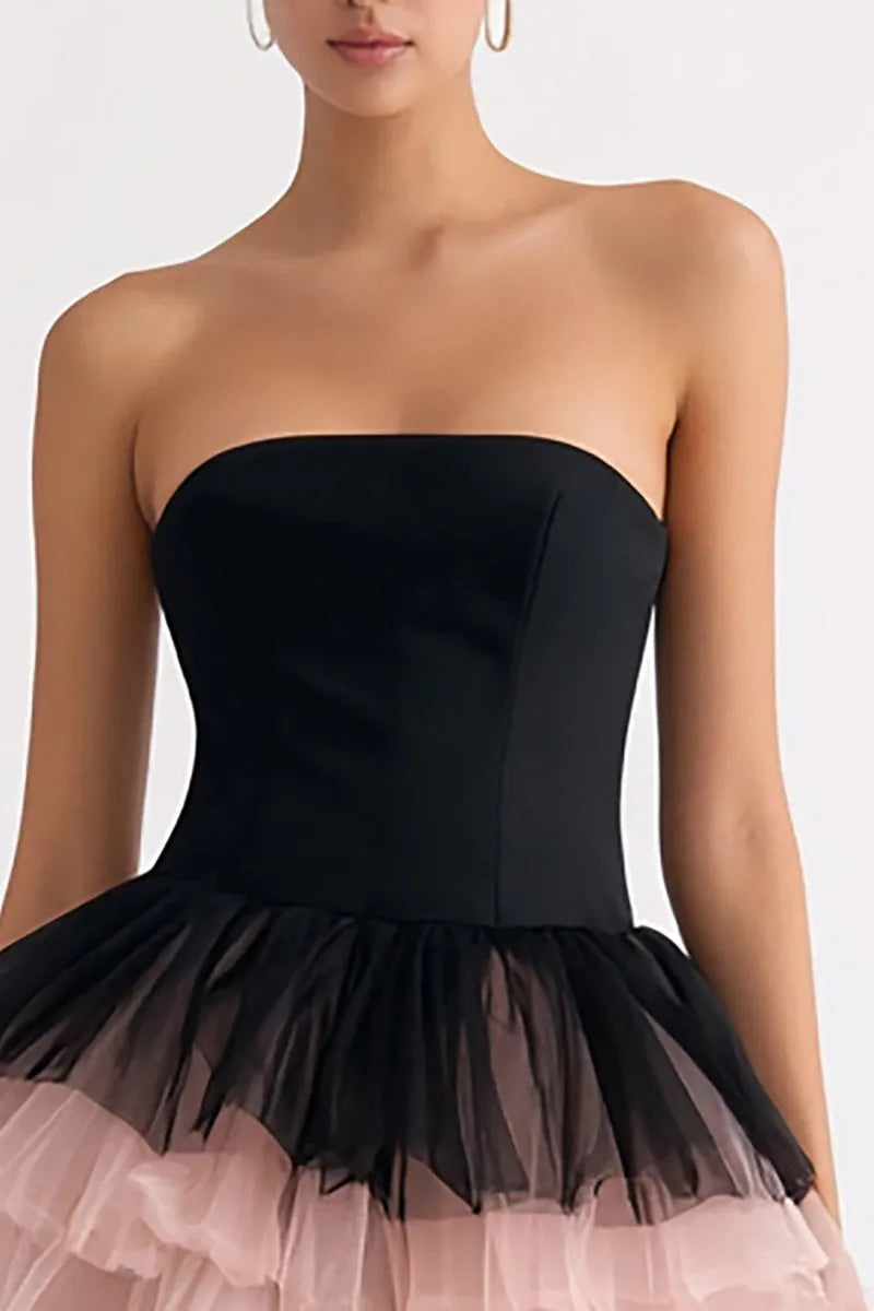 Chic Black Satin Tiered Blush Tulle Strapless Homecoming Dresses