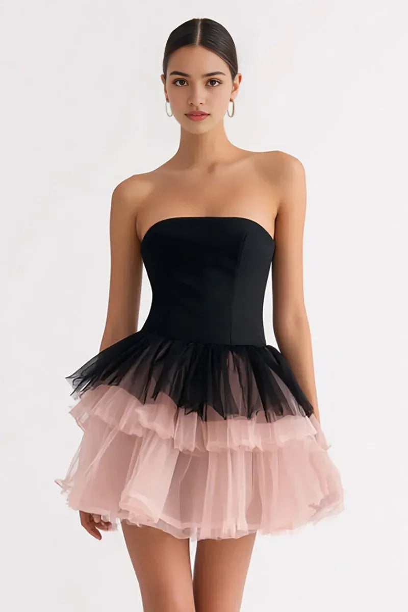 Chic Black Satin Tiered Blush Tulle Strapless Homecoming Dresses