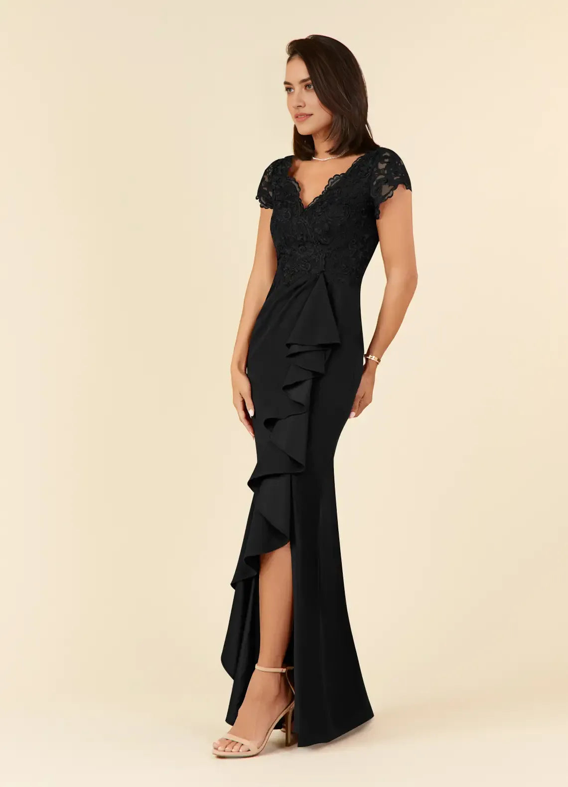 Chic Black Sheath Lace Mother of the Bride Dresses Sheer Lace Cap Sleeves Plunging V Neck Intricate Embroidery Ruffled Side Slit  Hot Sale for women