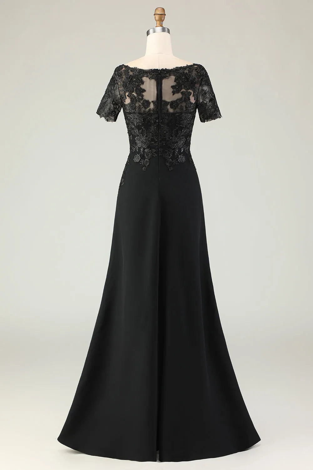 Chic Black Sheath Scoop Neck Short Sleeve Zipper Back Floor-Length Satin Mother of the Bride Dresses with Appliqued