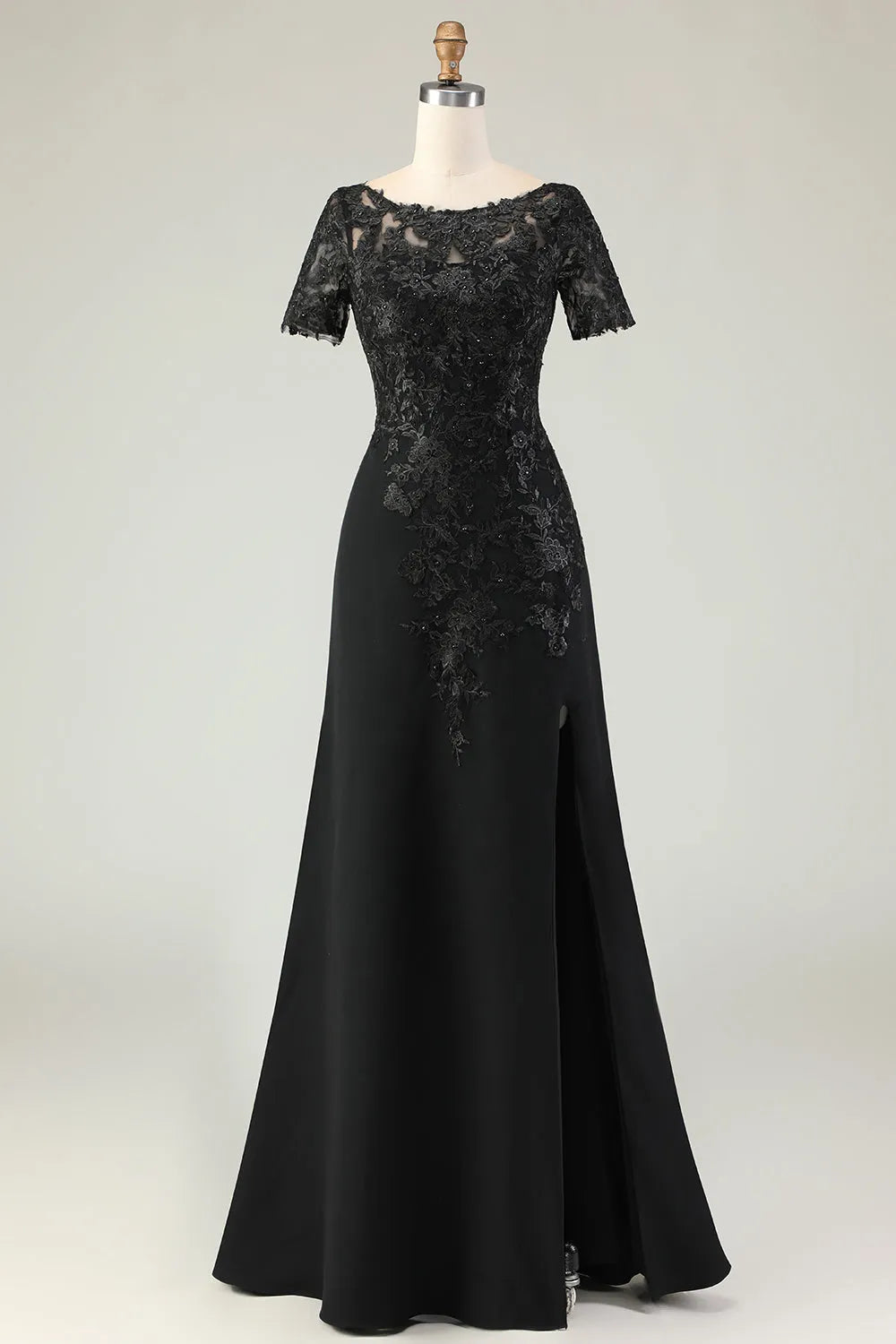Chic Black Sheath Scoop Neck Short Sleeve Zipper Back Floor-Length Satin Mother of the Bride Dresses with Appliqued