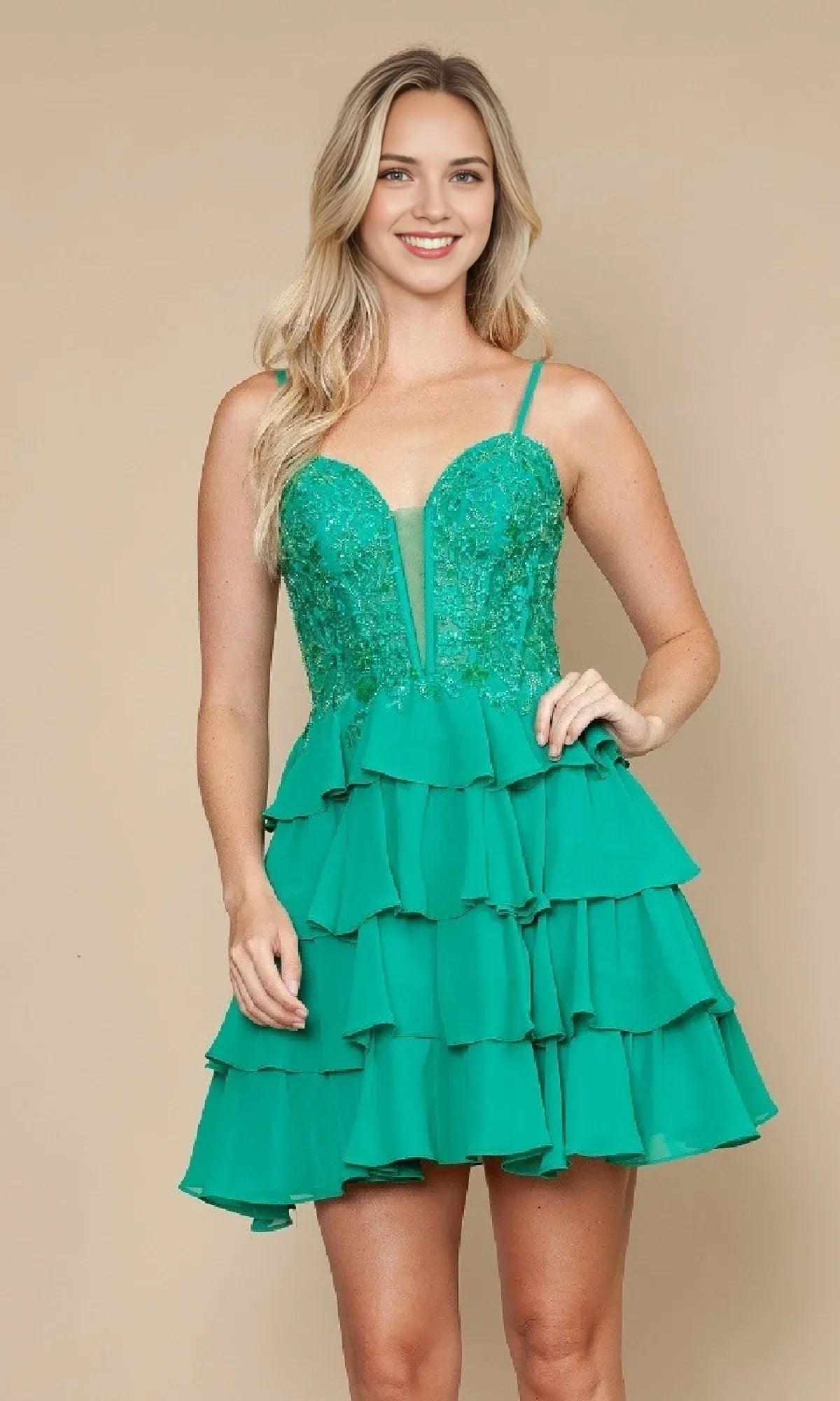 Chic Blue Embellished Dress Beaded Bodice Tiered Skirt  Spaghetti Straps for Homecoming Events