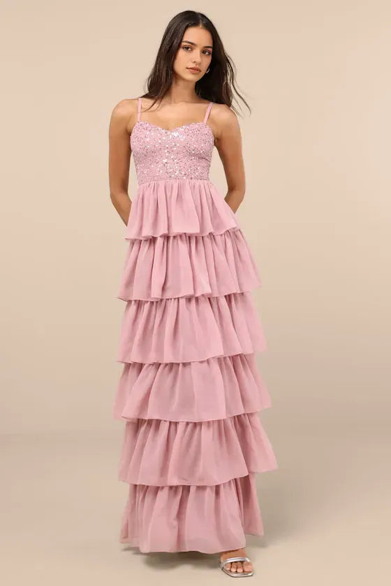 Chic Blush Pink Chiffon Prom Dress Spaghetti Straps Sequin Detailed Sweetheart Bodice and Tiered Ruffle Skirt for a Stunning Look