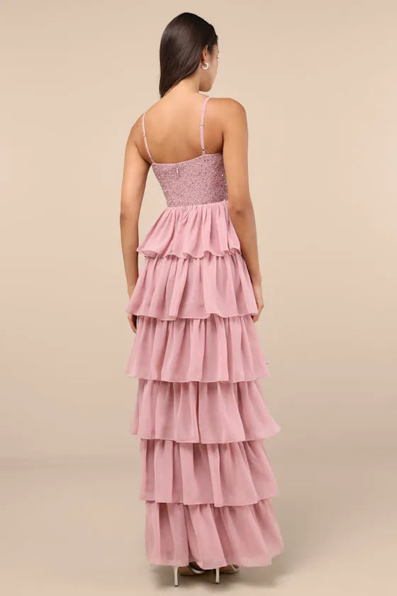Chic Blush Pink Chiffon Prom Dress Spaghetti Straps Sequin Detailed Sweetheart Bodice and Tiered Ruffle Skirt for a Stunning Look