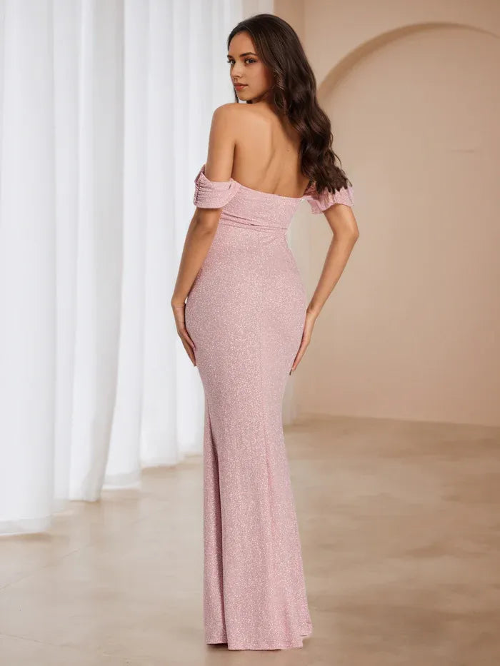 Chic Blush Pink Glitter Prom Dress Off - Shoulder Neckline Ruched Bust Side Slit for Glamorous Galas