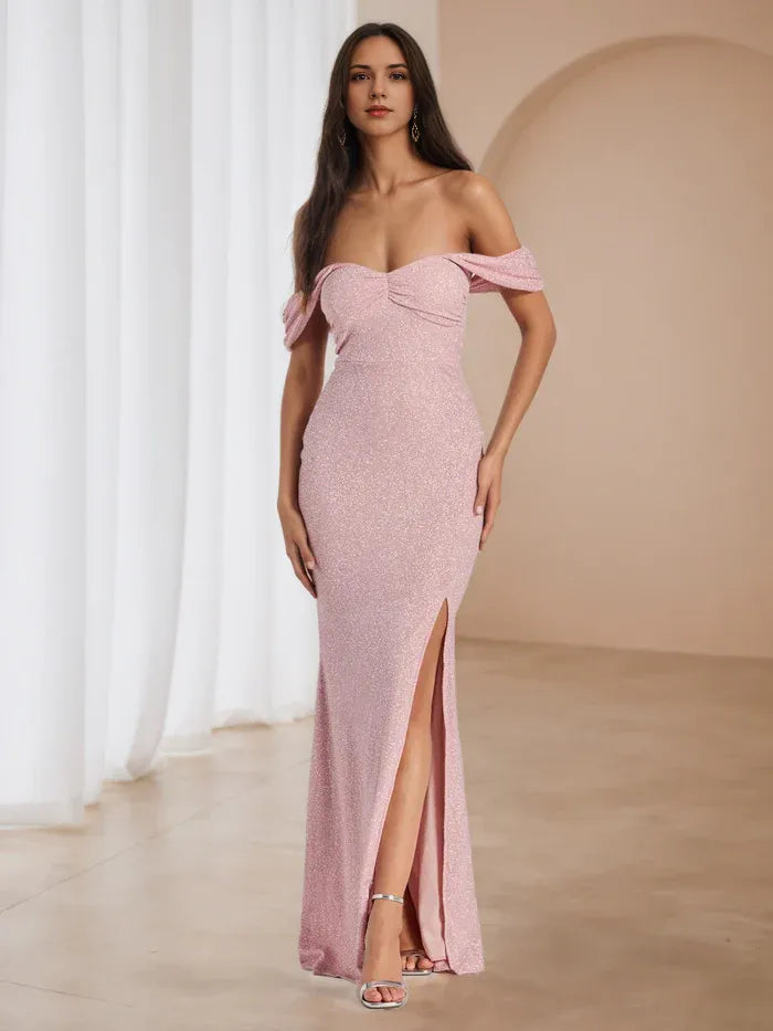 Chic Blush Pink Glitter Prom Dress Off - Shoulder Neckline Ruched Bust Side Slit for Glamorous Galas
