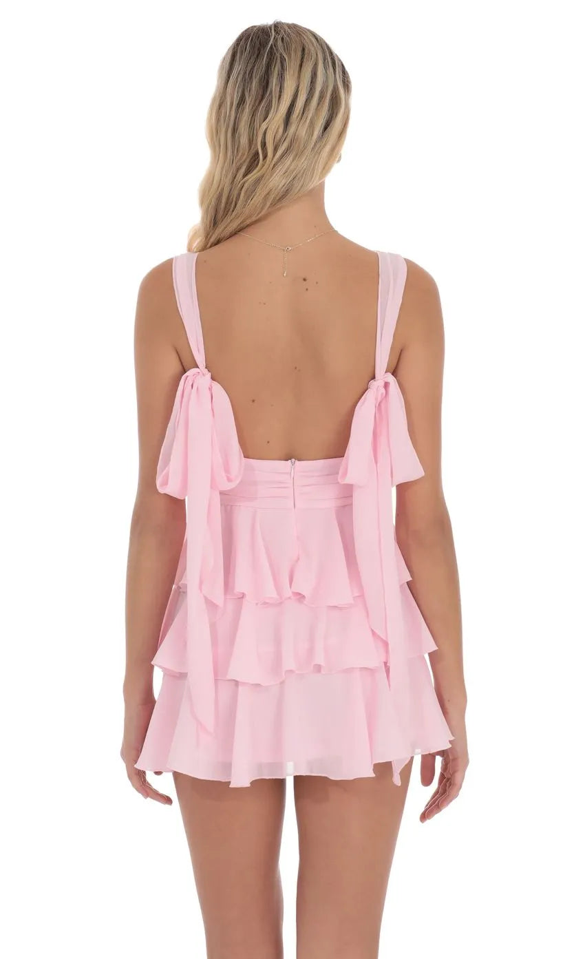 Chic Blush Pink Homecoming Dress Plunging V - Neck Tiered Ruffle Skirt Back Tie and Romantic Flair for Sophisticated Events