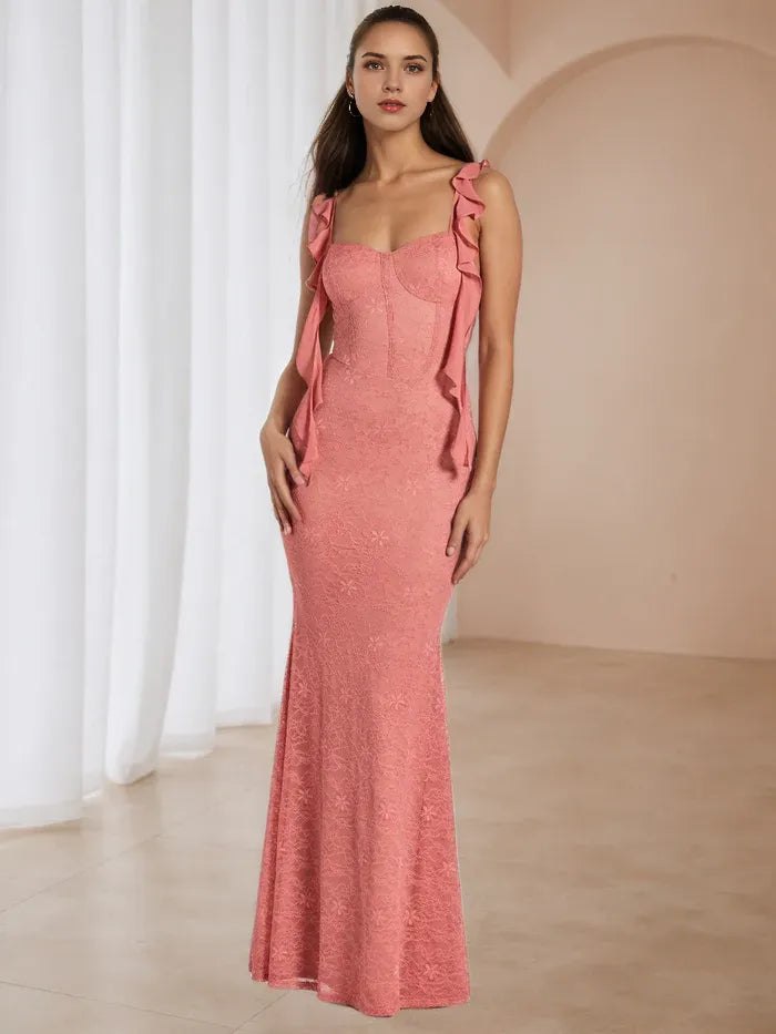 Chic Blush Pink Lace Prom Dress Ruffled Spaghetti Straps Sweetheart Neckline Lace Detailing for Glamorous Galas