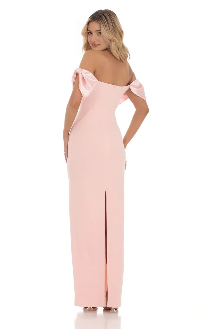 Chic Blush Pink Off  Shoulder Prom Dress with Bow Sleeves  Bodycon Silhouette Perfect for Glamorous Nights