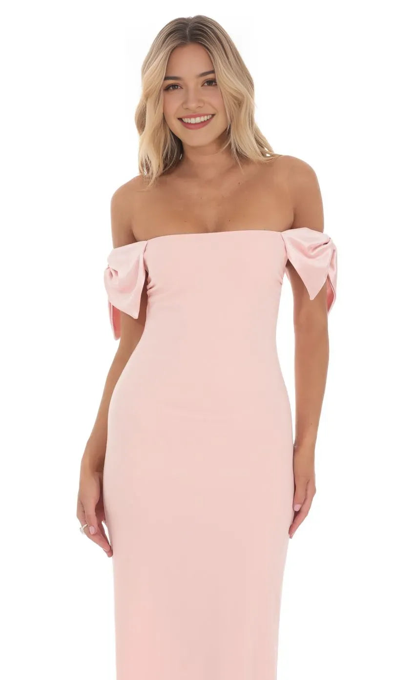 Chic Blush Pink Off  Shoulder Prom Dress with Bow Sleeves  Bodycon Silhouette Perfect for Glamorous Nights