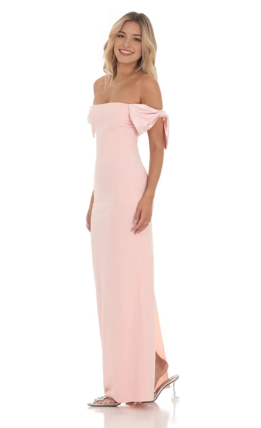 Chic Blush Pink Off  Shoulder Prom Dress with Bow Sleeves  Bodycon Silhouette Perfect for Glamorous Nights