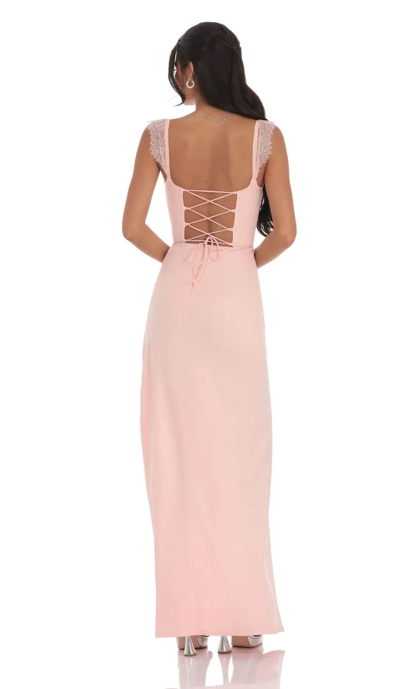 Chic Blush Pink Prom Dress with Lace Accents Ruched Bodice and Side Slit Ideal for Sophisticated Prom Celebrations
