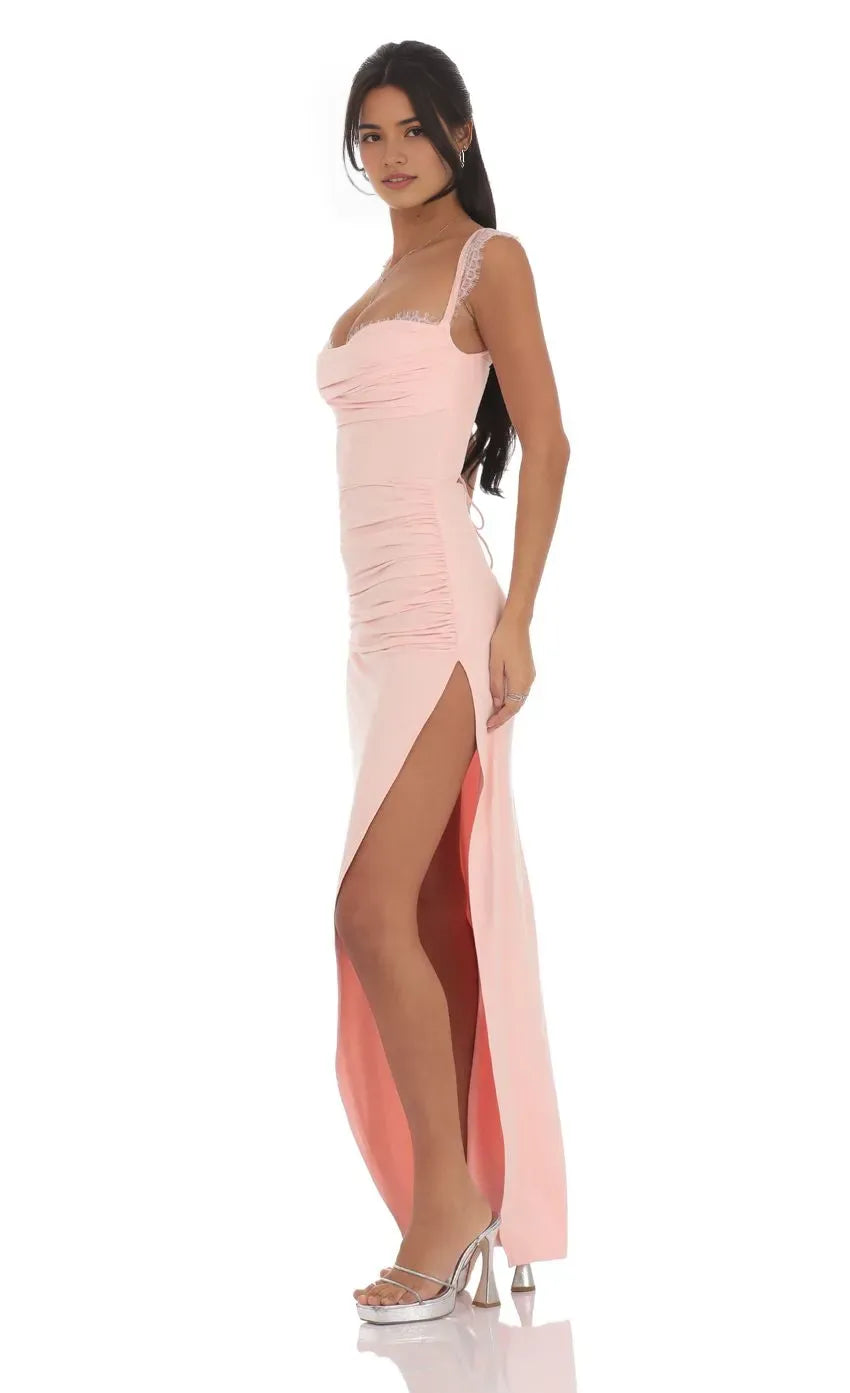 Chic Blush Pink Prom Dress with Lace Accents Ruched Bodice and Side Slit Ideal for Sophisticated Prom Celebrations