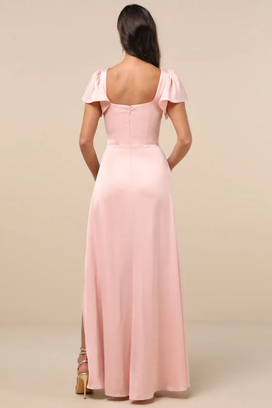 Chic Blush Pink Satin Evening Dress with Square Neck Flutter Sleeves Subtle Slit Understated Luxury Events