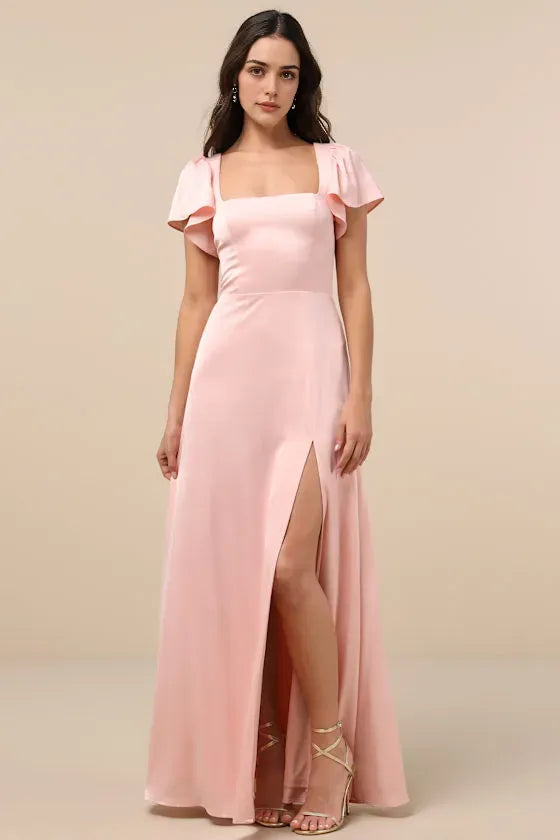 Chic Blush Pink Satin Evening Dress with Square Neck Flutter Sleeves Subtle Slit Understated Luxury Events