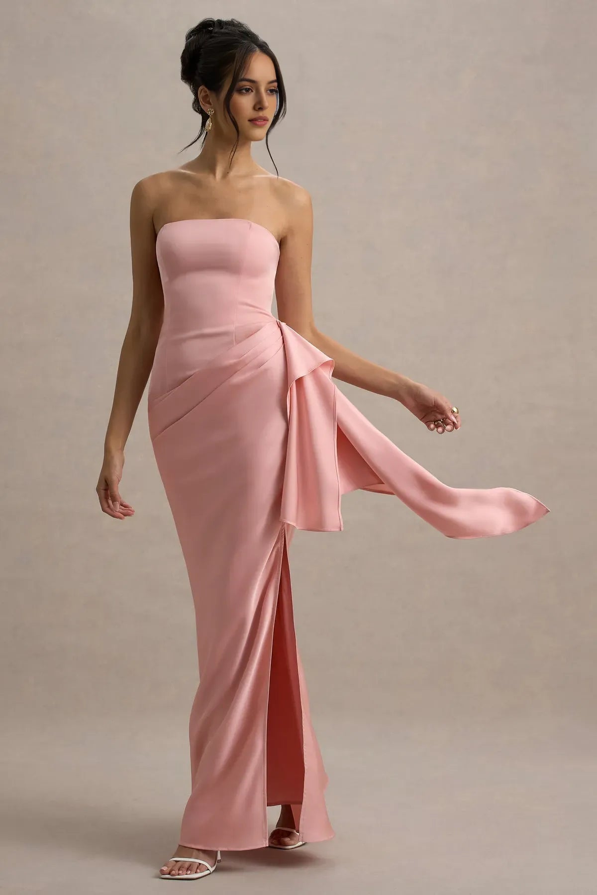 Chic Blush Pink Strapless Prom Dresses Satin Fabric Draped Bow Accent and Flattering Fit for Evening Glamour